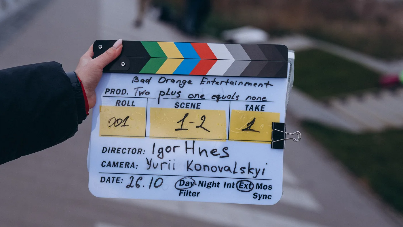 Clapperboard on the set of “Two Plus One Equals None”